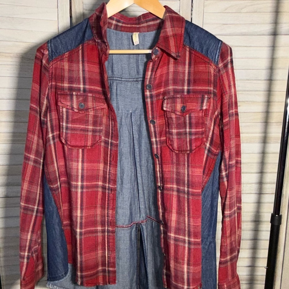 Free People Road Trip Getaway Flannel and Denim Button Down Shirt - Picture 2 of 6